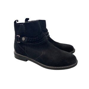 Earth Jeno Ankle BootSize 8 Round Toe Braided Strap Suede Leather Black Ranch